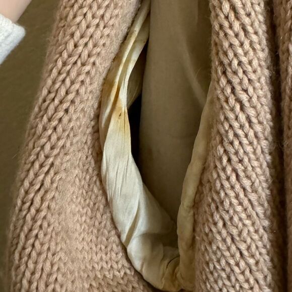 Vintage 70s Chunky Wool Knit Cardigan Sweater Fur Trimm Sz Medium Tan - Picture 7 of 7